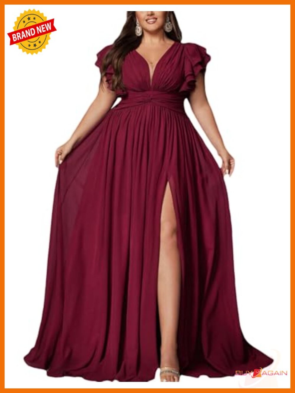 Plus Size A-Line Formal Bridesmaid Dress Ruffle Sleeve V-Neck Gown